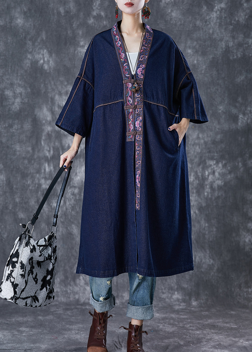 Plus Size Navy Embroideried Chinese Button Denim Trench Fall