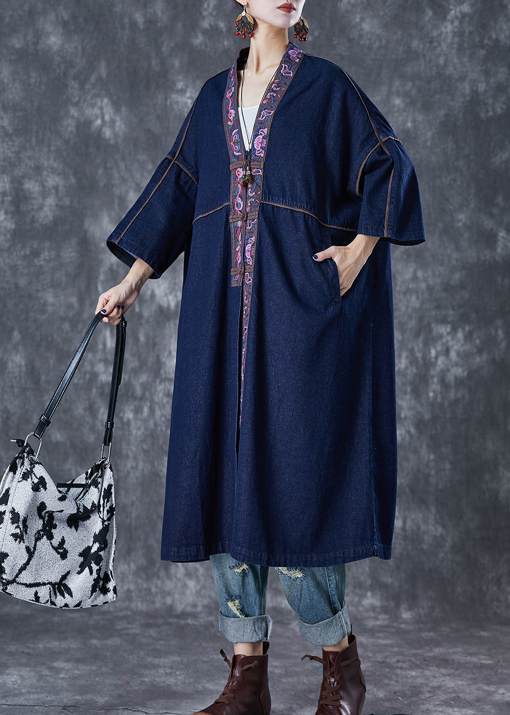 Plus Size Navy Embroideried Chinese Button Denim Trench Fall