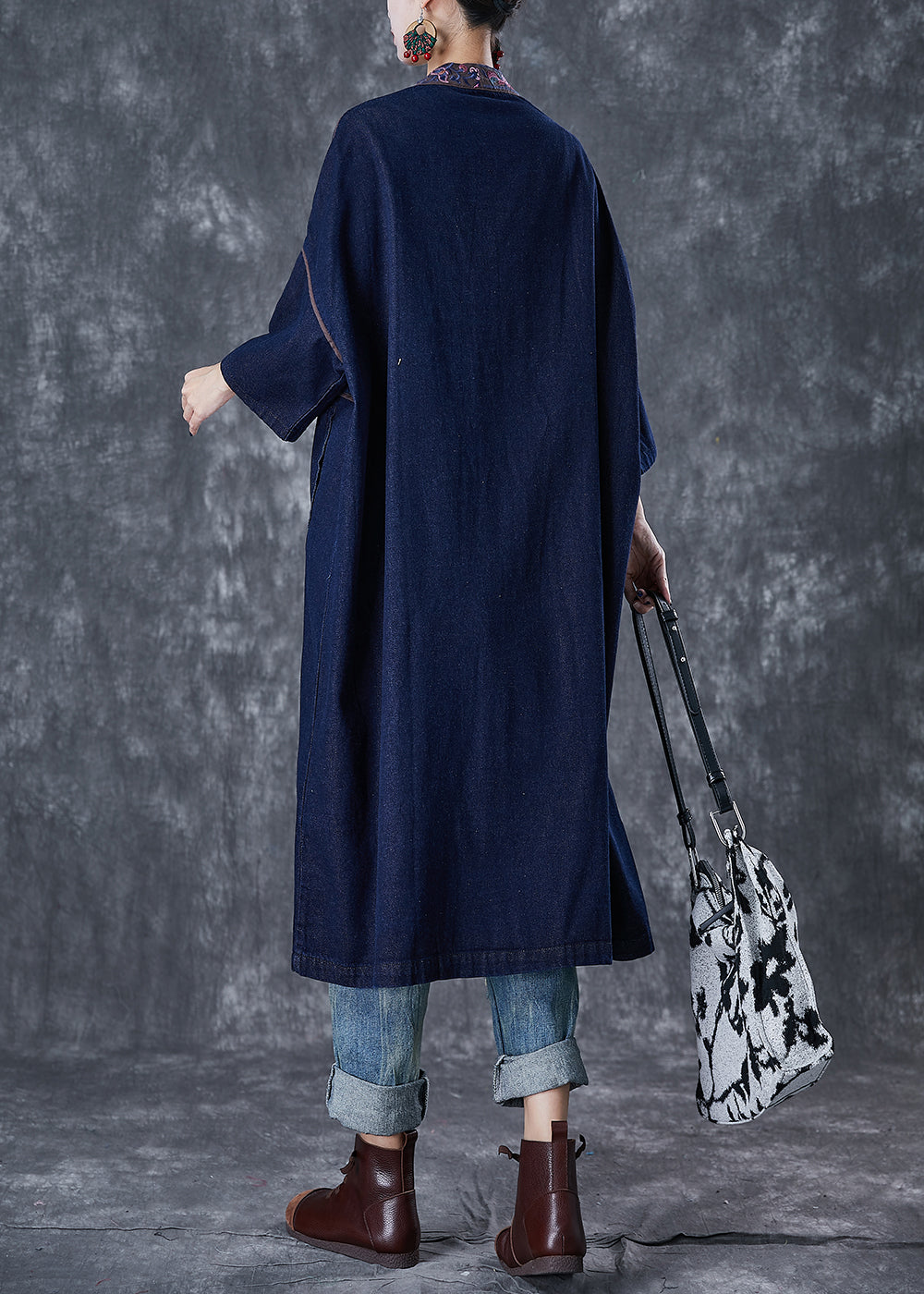 Plus Size Navy Embroideried Chinese Button Denim Trench Fall