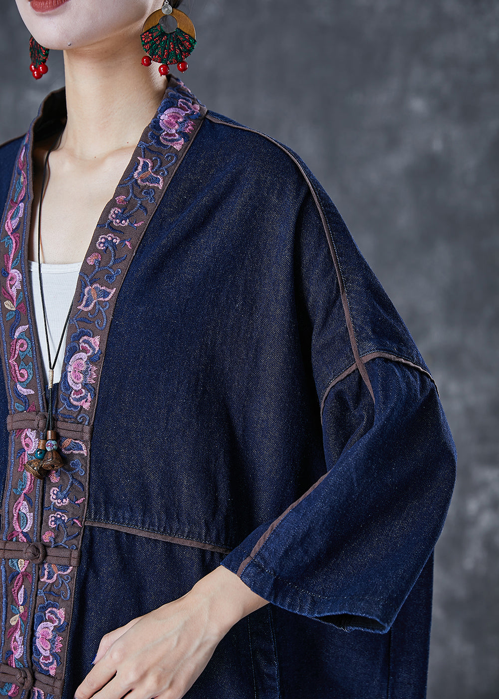 Plus Size Navy Embroideried Chinese Button Denim Trench Fall