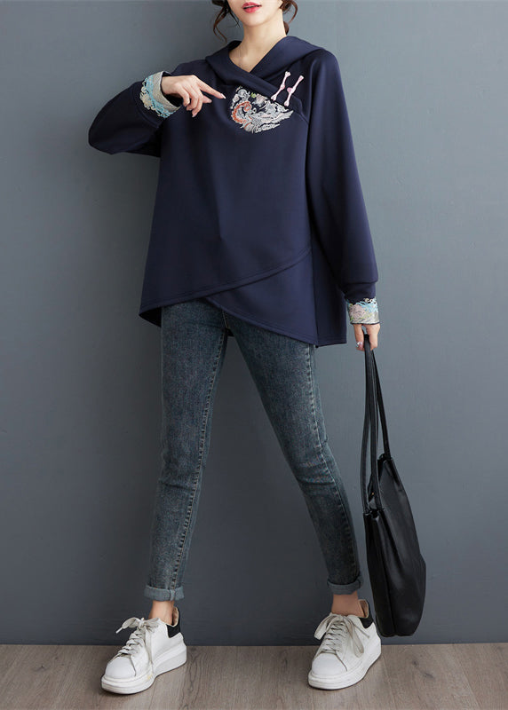 Plus Size Navy Embroideried Patchwork Cotton Sweatshirt Tops Spring