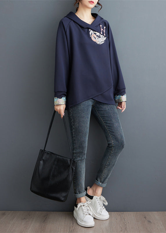 Plus Size Navy Embroideried Patchwork Cotton Sweatshirt Tops Spring