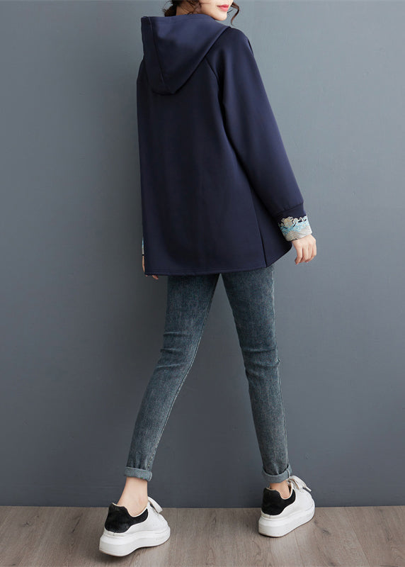 Plus Size Navy Embroideried Patchwork Cotton Sweatshirt Tops Spring