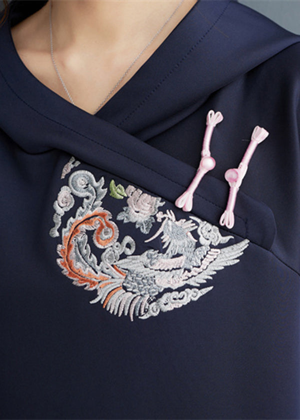 Plus Size Navy Embroideried Patchwork Cotton Sweatshirt Tops Spring