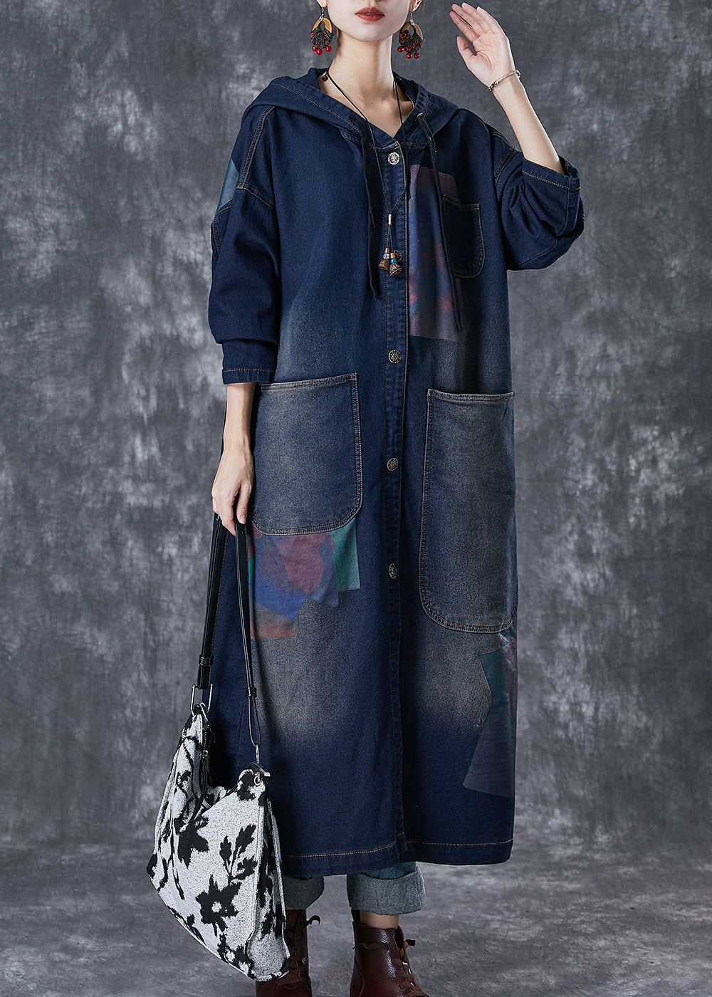 Plus Size Navy Hooded Asymmetrical Big Pockets Denim Trench Fall