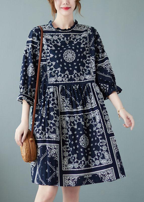 Plus Size Navy O-Neck Patchwork Print Fall Dress Half Sleeve - Omychic