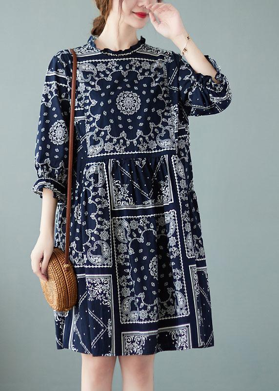 Plus Size Navy O-Neck Patchwork Print Fall Dress Half Sleeve - Omychic