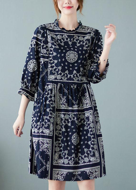 Plus Size Navy O-Neck Patchwork Print Fall Dress Half Sleeve - Omychic