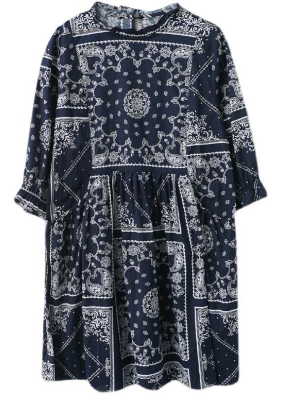 Plus Size Navy O-Neck Patchwork Print Fall Dress Half Sleeve - Omychic