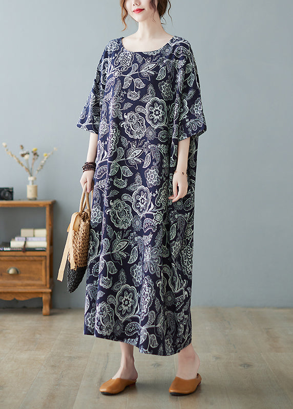 Plus Size Navy O-Neck Print Holiday Long Dress Half Sleeve