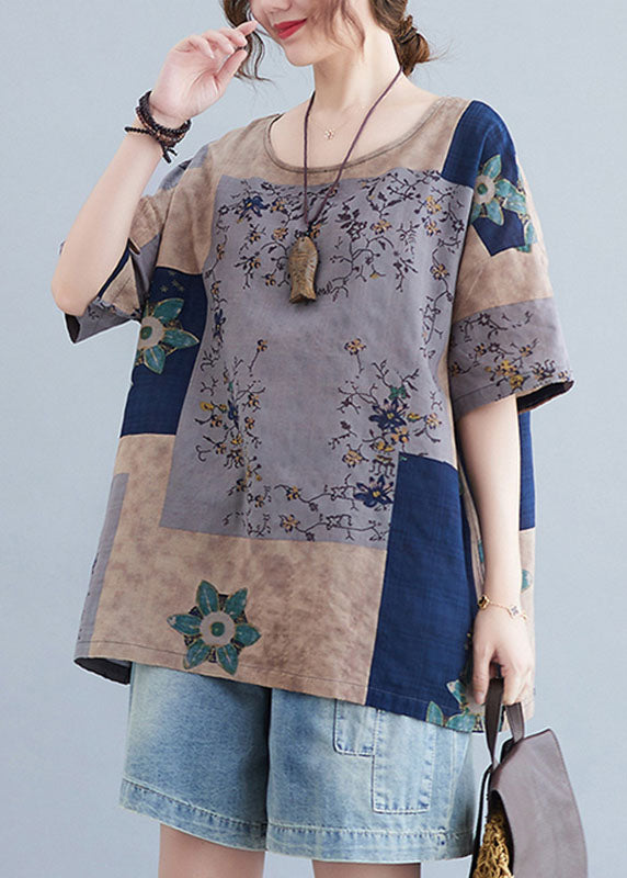 Plus Size Navy O Neck Print Patchwork Cotton T Shirts Summer