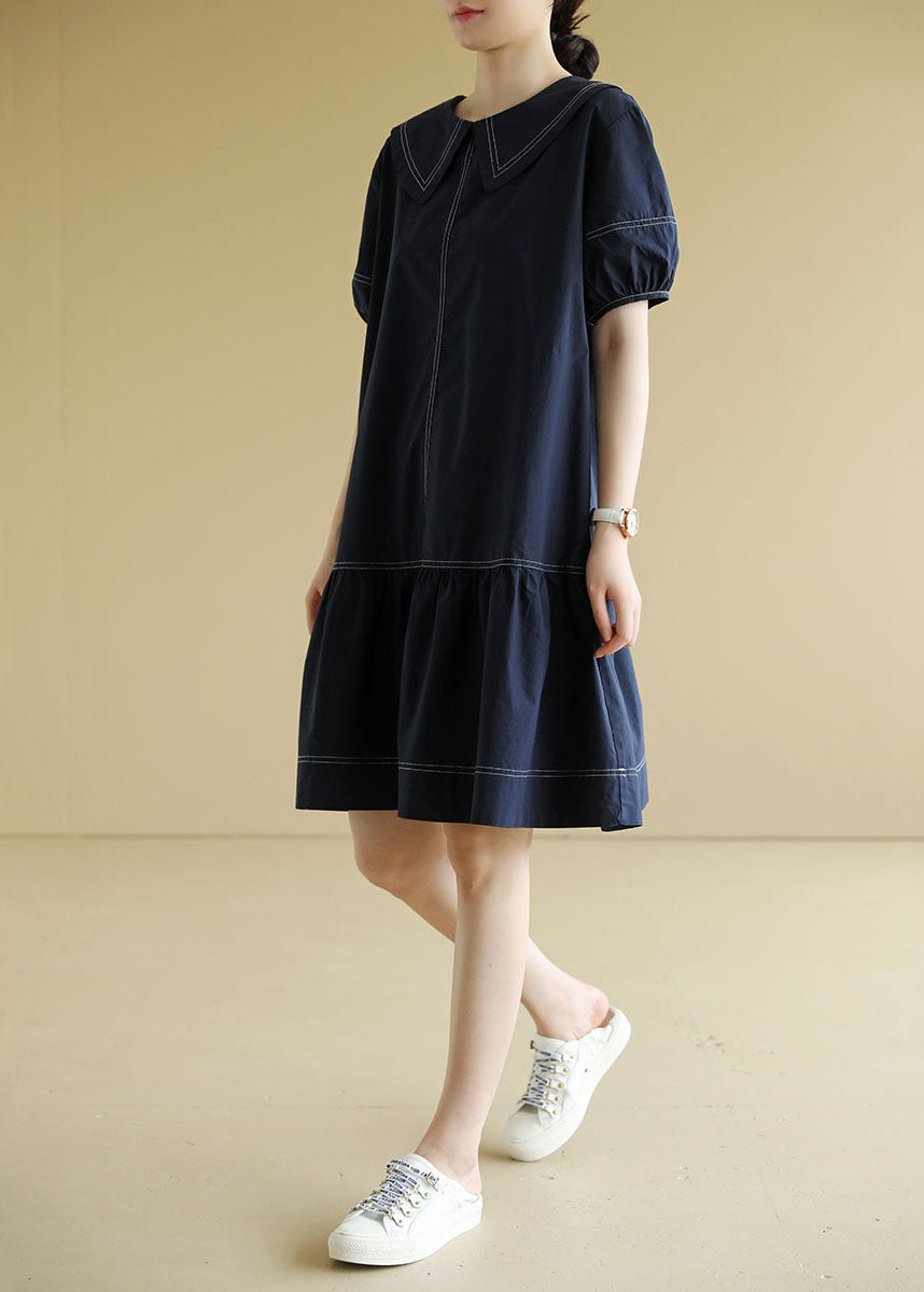 Plus Size Navy Peter Pan Collar Patchwork Cotton Mid Dress Short Sleeve