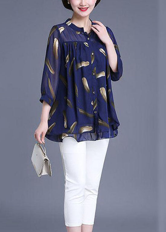 Plus Size Navy Print Wrinkled Patchwork Chiffon Blouse Tops Summer