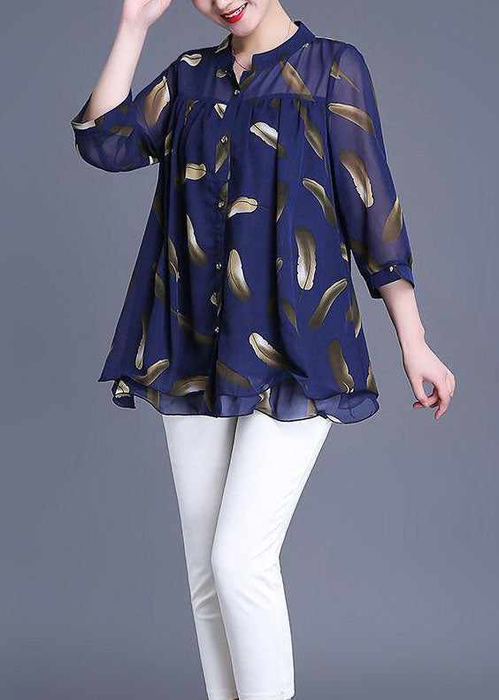 Plus Size Navy Print Wrinkled Patchwork Chiffon Blouse Tops Summer