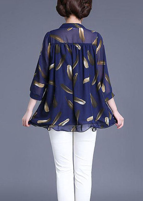 Plus Size Navy Print Wrinkled Patchwork Chiffon Blouse Tops Summer