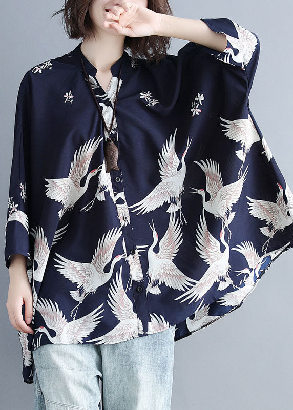 Plus Size Indigo-Cashew Stand Collar Oversized Print Chiffon Top Batwing Sleeve