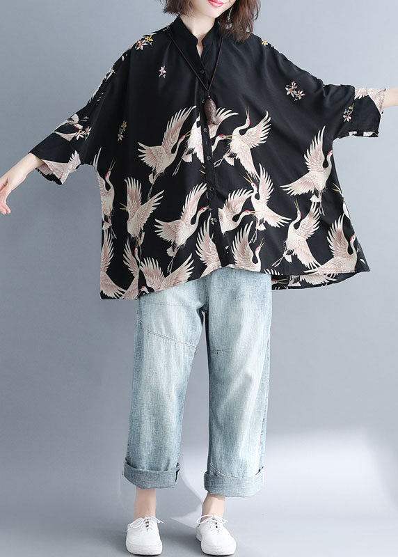 Plus Size Black-flower Stand Collar Oversized Print Chiffon Top Batwing Sleeve