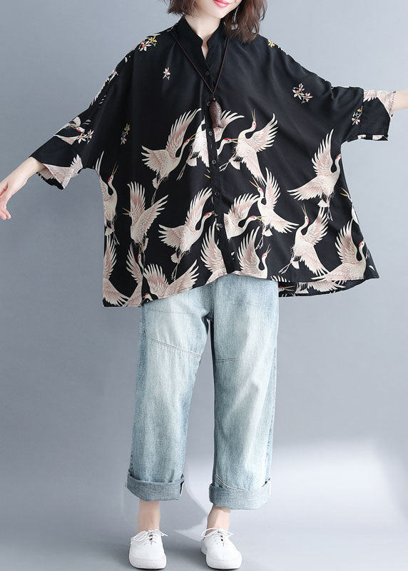 Plus Size Green-geometry Stand Collar Oversized Print Chiffon Top Batwing Sleeve