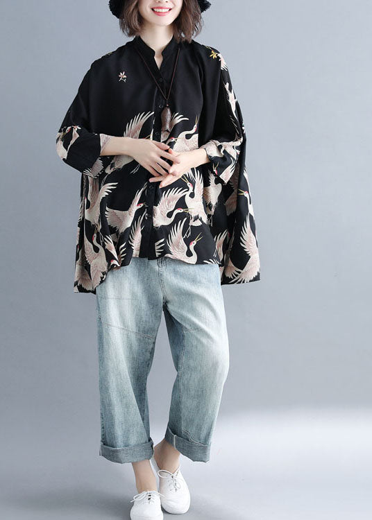 Plus Size Black-flower Stand Collar Oversized Print Chiffon Top Batwing Sleeve