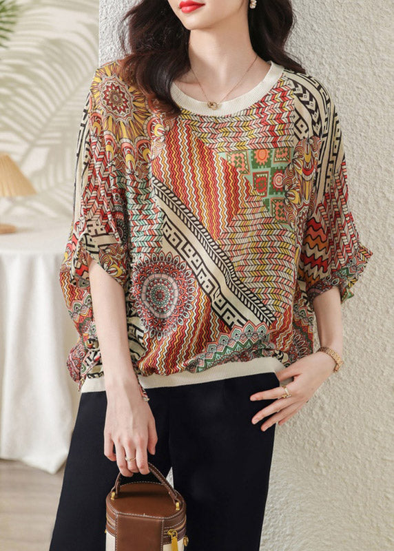 Plus Size O-Neck Print Chiffon Tops Half Sleeve
