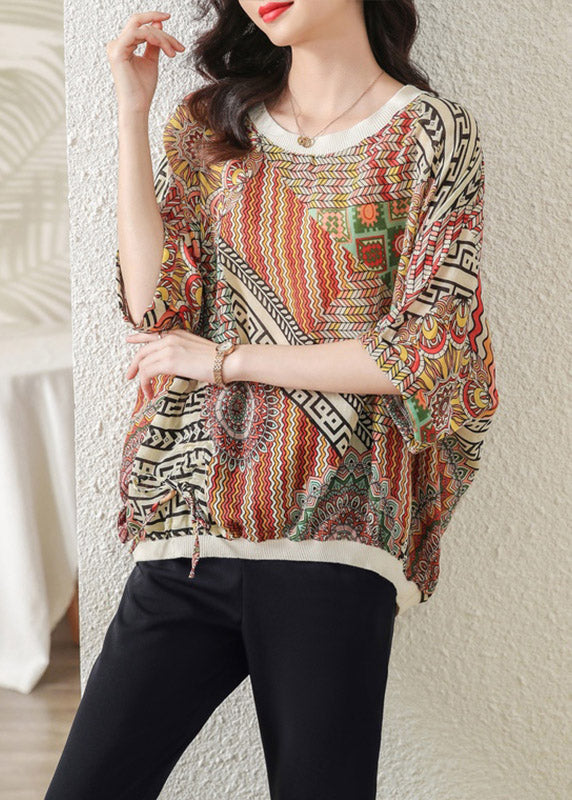 Plus Size O-Neck Print Chiffon Tops Half Sleeve
