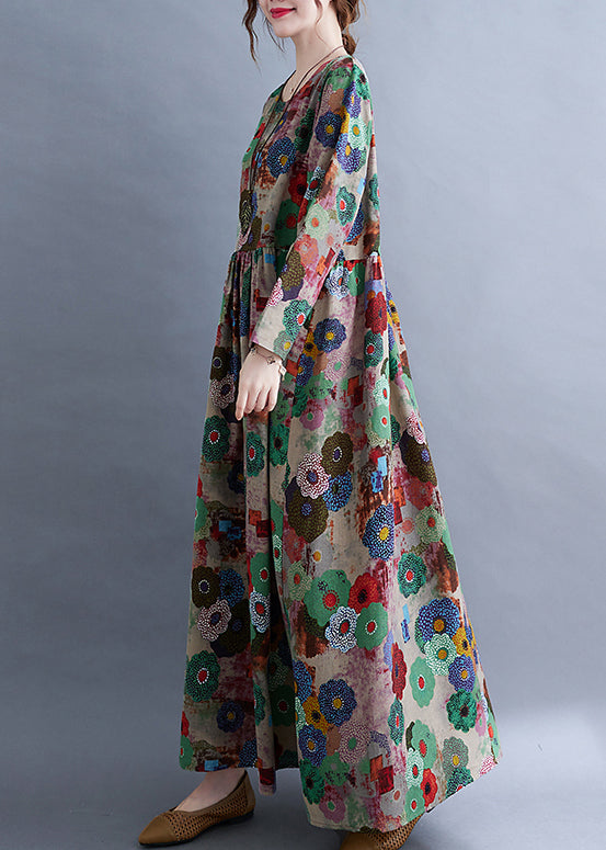 Plus Size O-Neck Print Wrinkled exra large hem Long Dress Spring