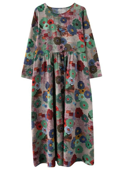 Plus Size O-Neck Print Wrinkled exra large hem Long Dress Spring