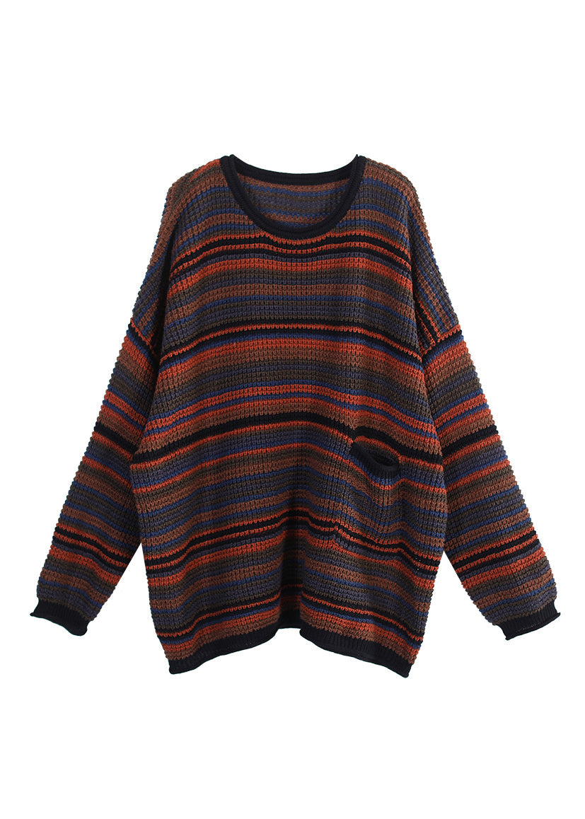 Plus Size O-Neck Thick Striped Pockets Knit Sweater Long Sleeve