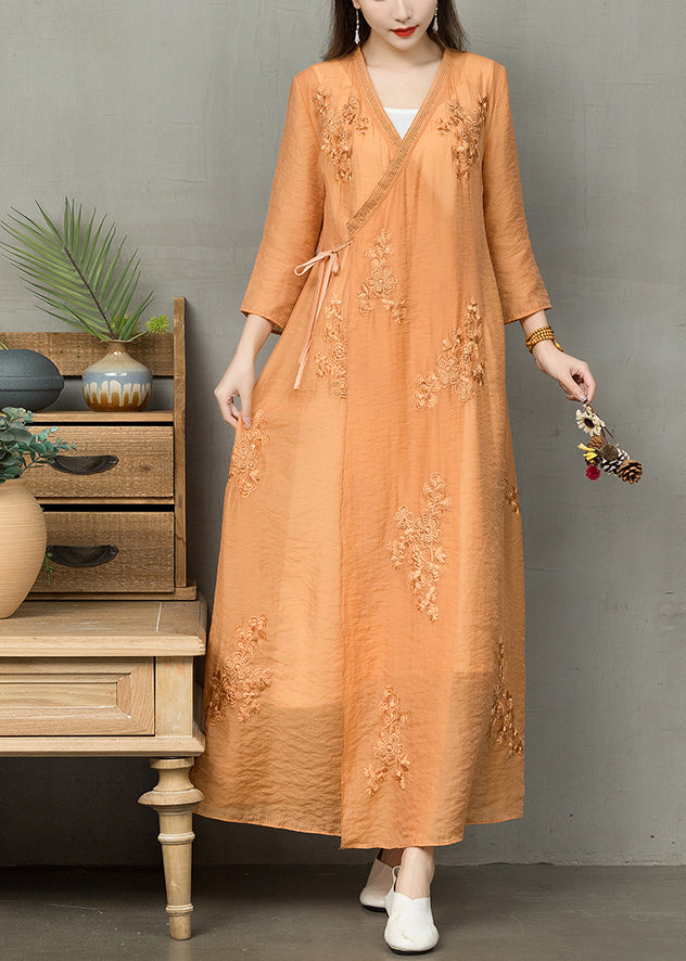 Plus Size Orange Embroideried Lace Up Linen Dress Bracelet Sleeve