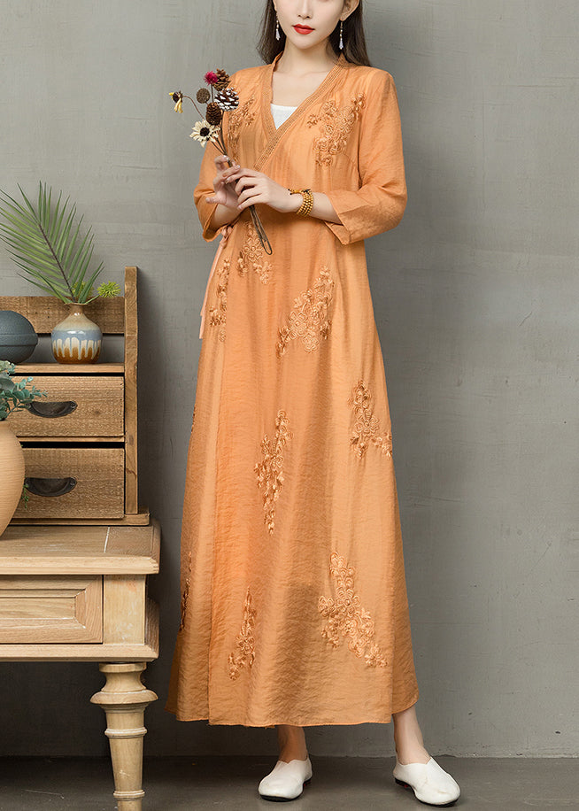 Plus Size Orange Embroideried Lace Up Linen Dress Bracelet Sleeve