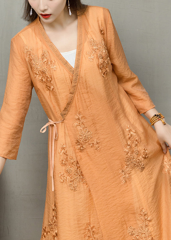 Plus Size Orange Embroideried Lace Up Linen Dress Bracelet Sleeve