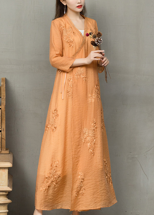 Plus Size Orange Embroideried Lace Up Linen Dress Bracelet Sleeve