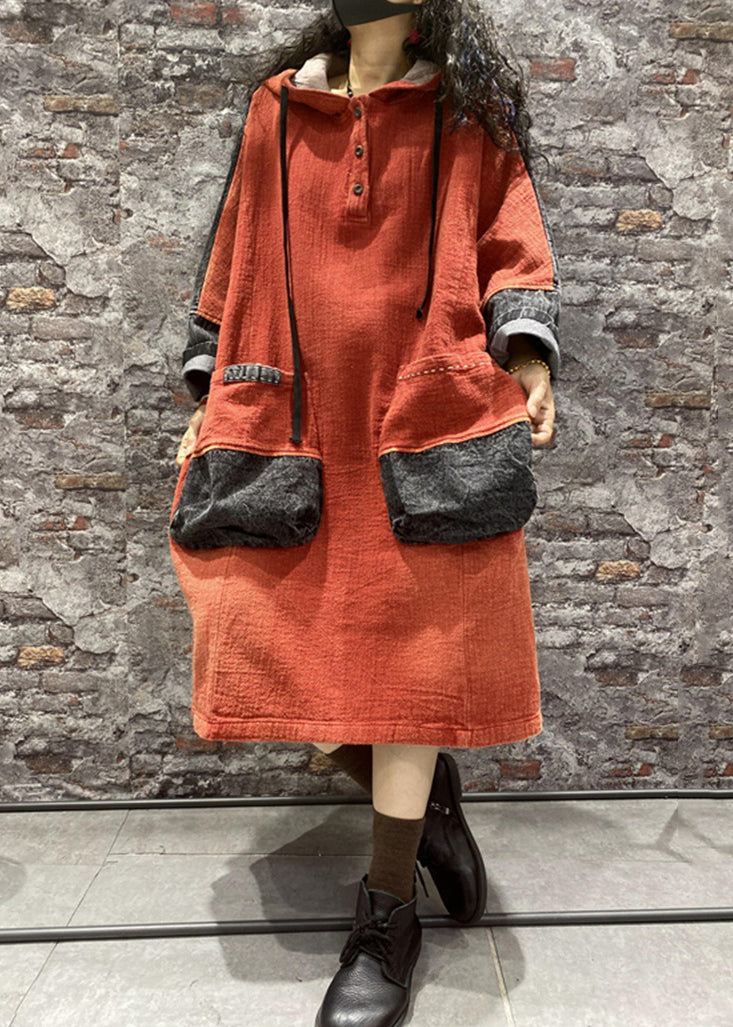 Plus Size Orange Hooded Pockets Denim Long Dress Fall