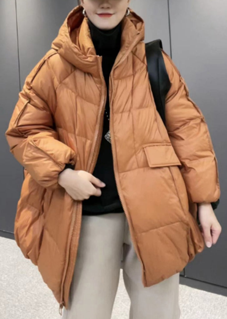 Plus Size Orange Hooded Zippered Patchwork Duck Down Coat Long Sleeve
