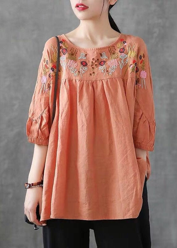 Plus Size Orange O-Neck Embroidered Wrinkled Patchwork Linen T-Shirt Summer