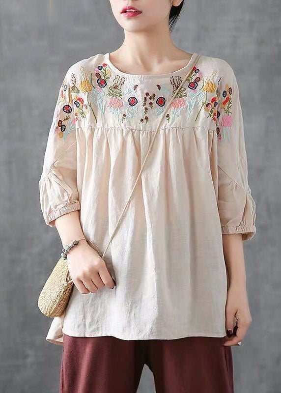 Plus Size Orange O-Neck Embroidered Wrinkled Patchwork Linen T-Shirt Summer