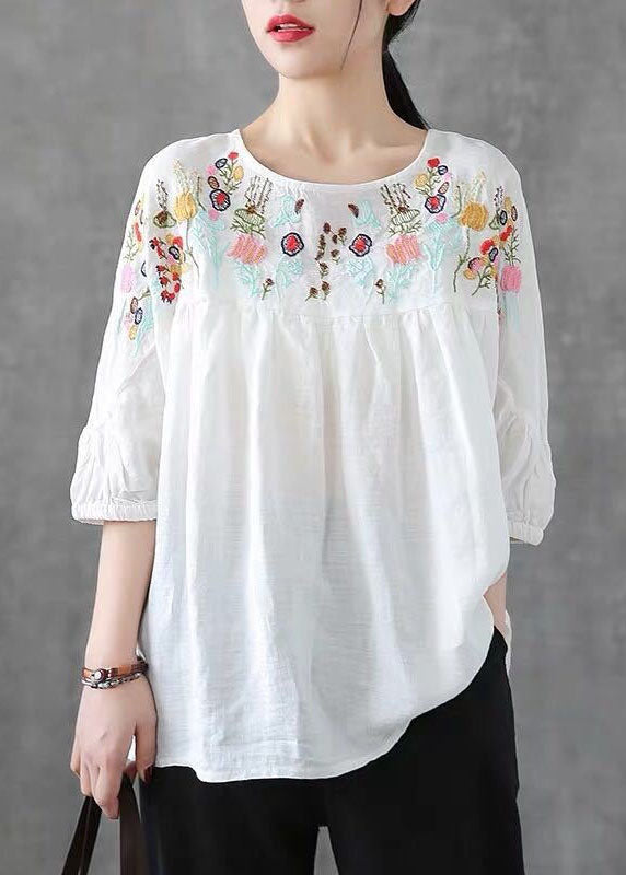 Plus Size Orange O-Neck Embroidered Wrinkled Patchwork Linen T-Shirt Summer