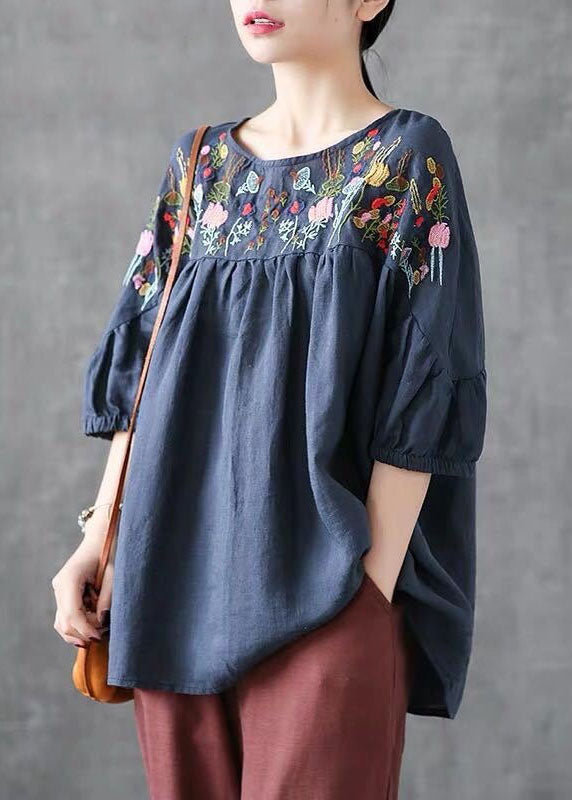 Plus Size Orange O-Neck Embroidered Wrinkled Patchwork Linen T-Shirt Summer