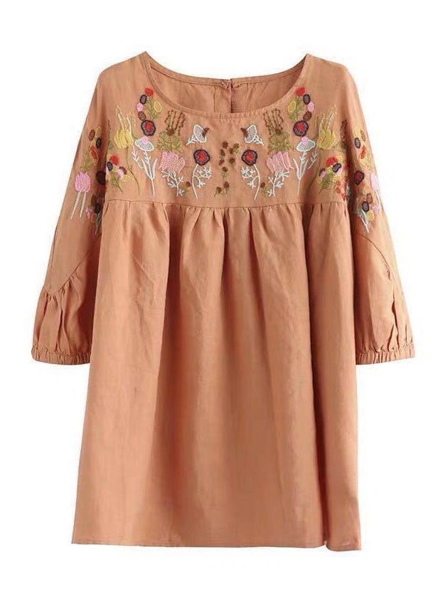 Plus Size Orange O-Neck Embroidered Wrinkled Patchwork Linen T-Shirt Summer
