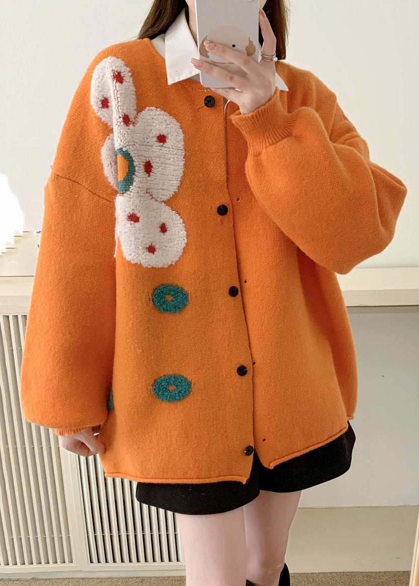 Plus Size Orange O-Neck Sun Floral Cotton Knit Sweaters Coats Long Sleeve