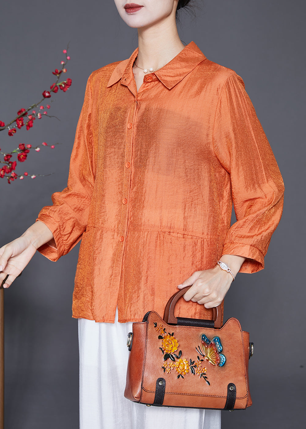 Plus Size Orange Oversized Patchwork Linen Silk Shirt Top Fall