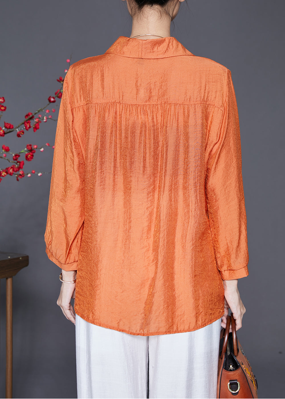 Plus Size Orange Oversized Patchwork Linen Silk Shirt Top Fall