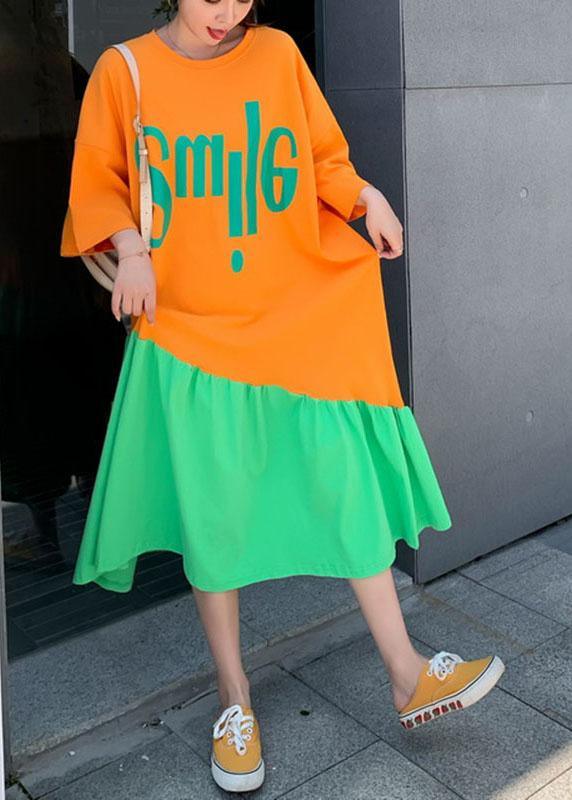 Plus Size Orange Patchwork Green Loose Graphic Summer Half Sleeve Long Dress - Omychic