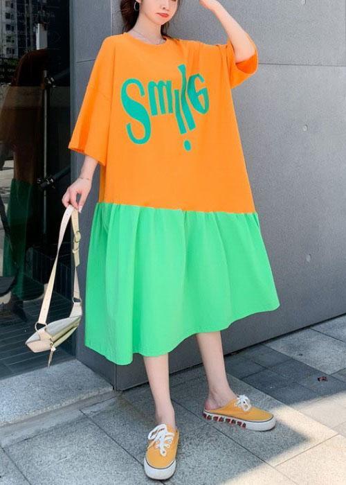 Plus Size Orange Patchwork Green Loose Graphic Summer Half Sleeve Long Dress - Omychic