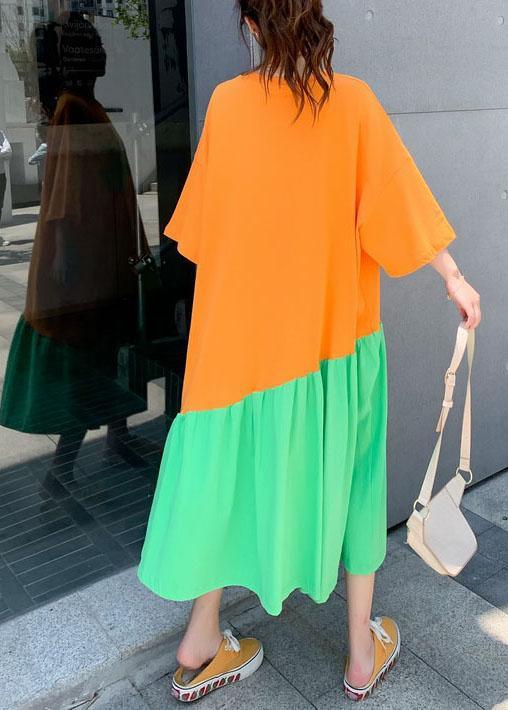Plus Size Orange Patchwork Green Loose Graphic Summer Half Sleeve Long Dress - Omychic