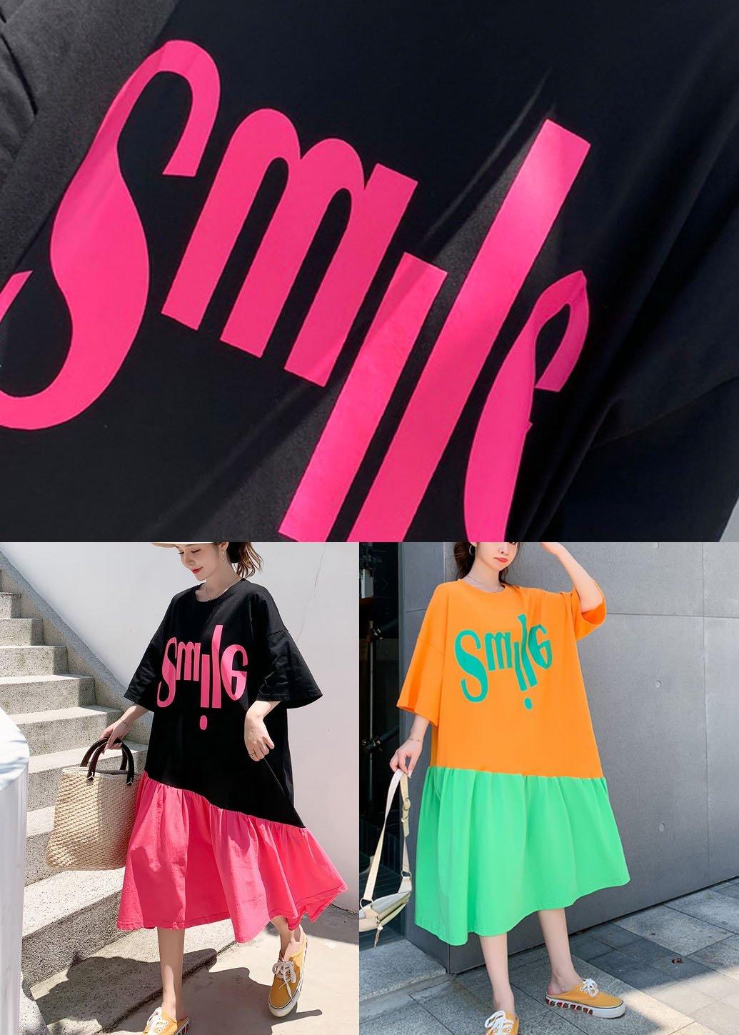 Plus Size Orange Patchwork Green Loose Graphic Summer Half Sleeve Long Dress - Omychic