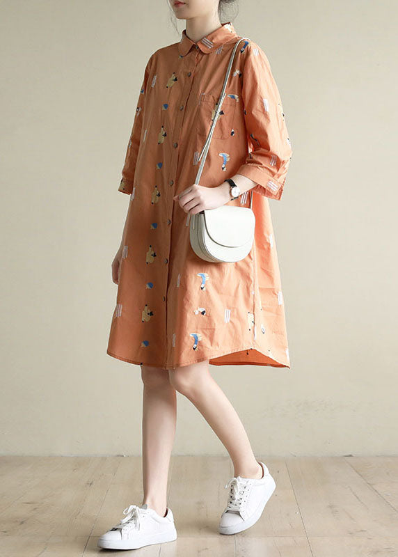 Plus Size Orange Peter Pan Collar Embroideried Cotton Shirt Dresses Bracelet Sleeve