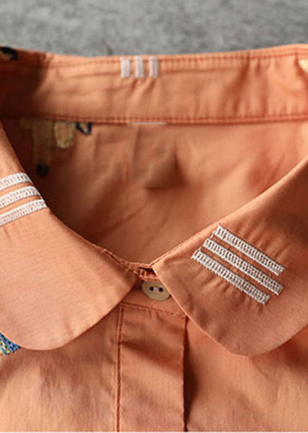 Plus Size Orange Peter Pan Collar Embroideried Cotton Shirt Dresses Bracelet Sleeve