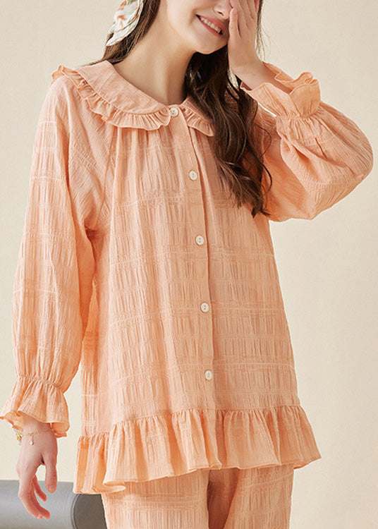 Plus Size Orange Peter Pan Collar Ruffled Cotton Button Pajamas Two Pieces Set Long Sleeve