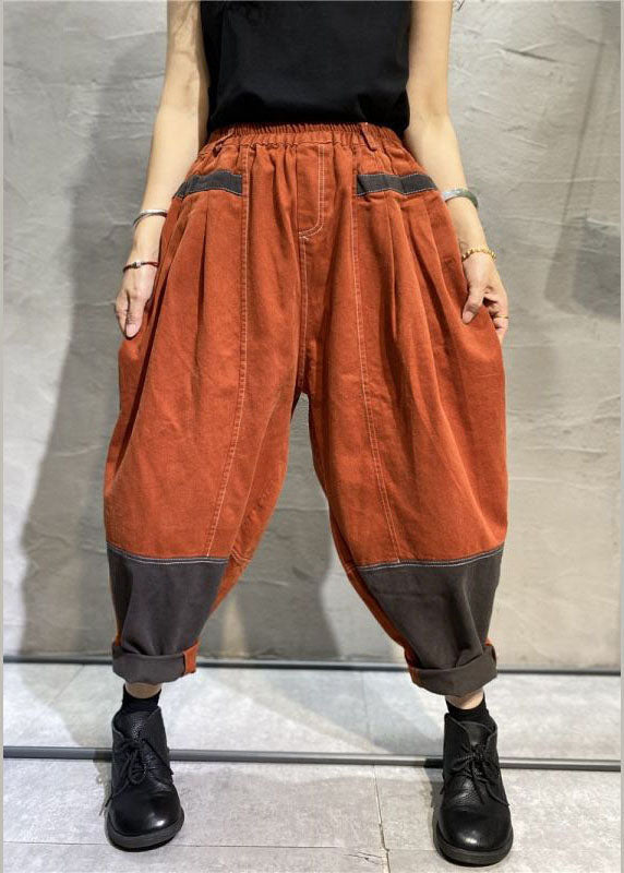 Plus Size Orange Pockets Denim Cotton Pants Spring